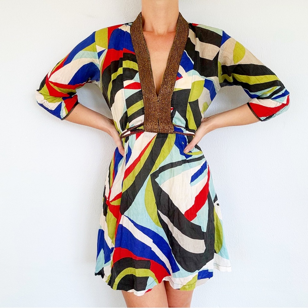 Lakshita colorful embroidered beaded tie waist lightweight cotton coverup small